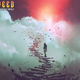 An illustration of a person climbing a fractured staircase through a glowing cloud.
